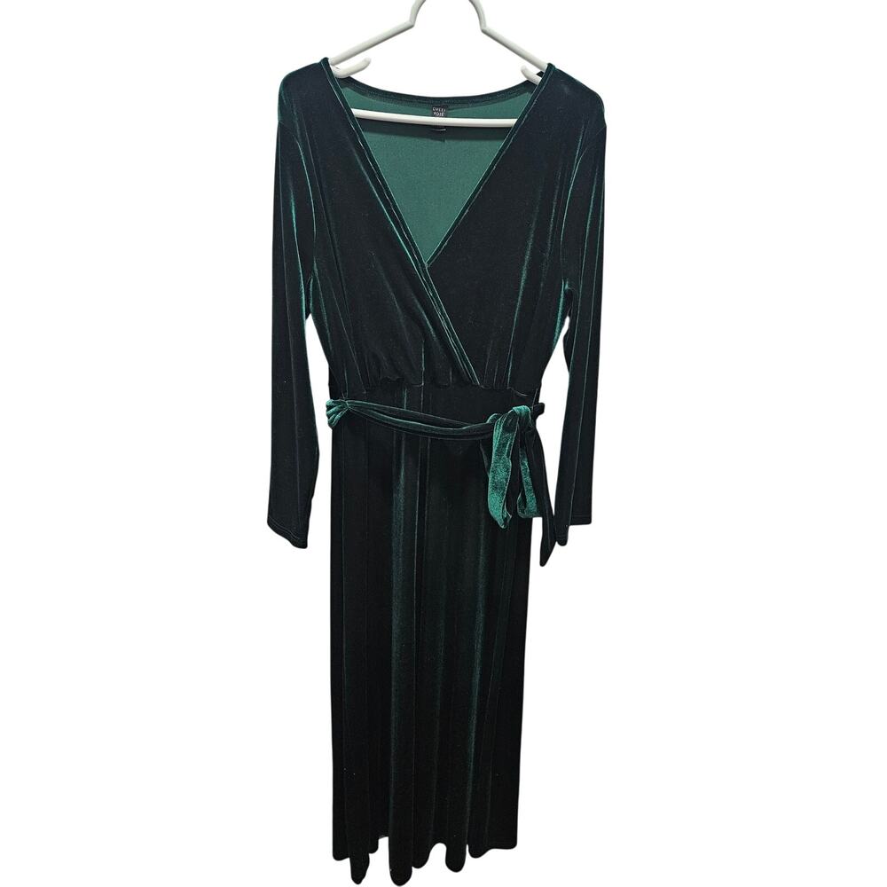 Emerald Green Velvet Wrap Maxi Dress Belted Long Sleeve Size L